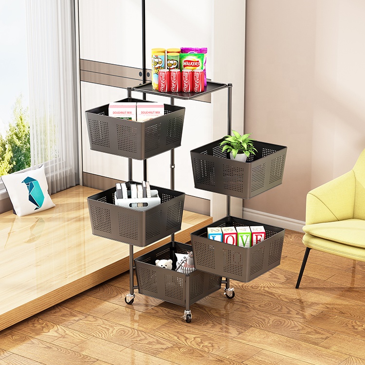 Square Rotating 3 4 5 Tier Stainless Steel Kitchen Storage Rack Fruit Vegetable Storage Basket Utility Trolley Cart With Wheels