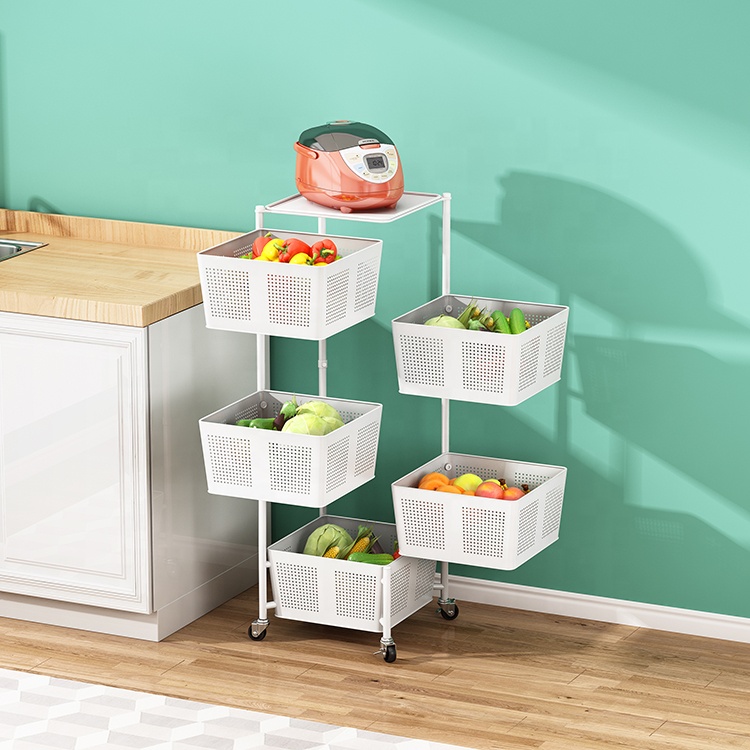 Square Rotating 3 4 5 Tier Stainless Steel Kitchen Storage Rack Fruit Vegetable Storage Basket Utility Trolley Cart With Wheels