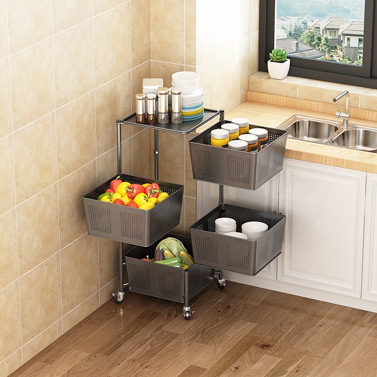 Square Rotating 3 4 5 Tier Stainless Steel Kitchen Storage Rack Fruit Vegetable Storage Basket Utility Trolley Cart With Wheels